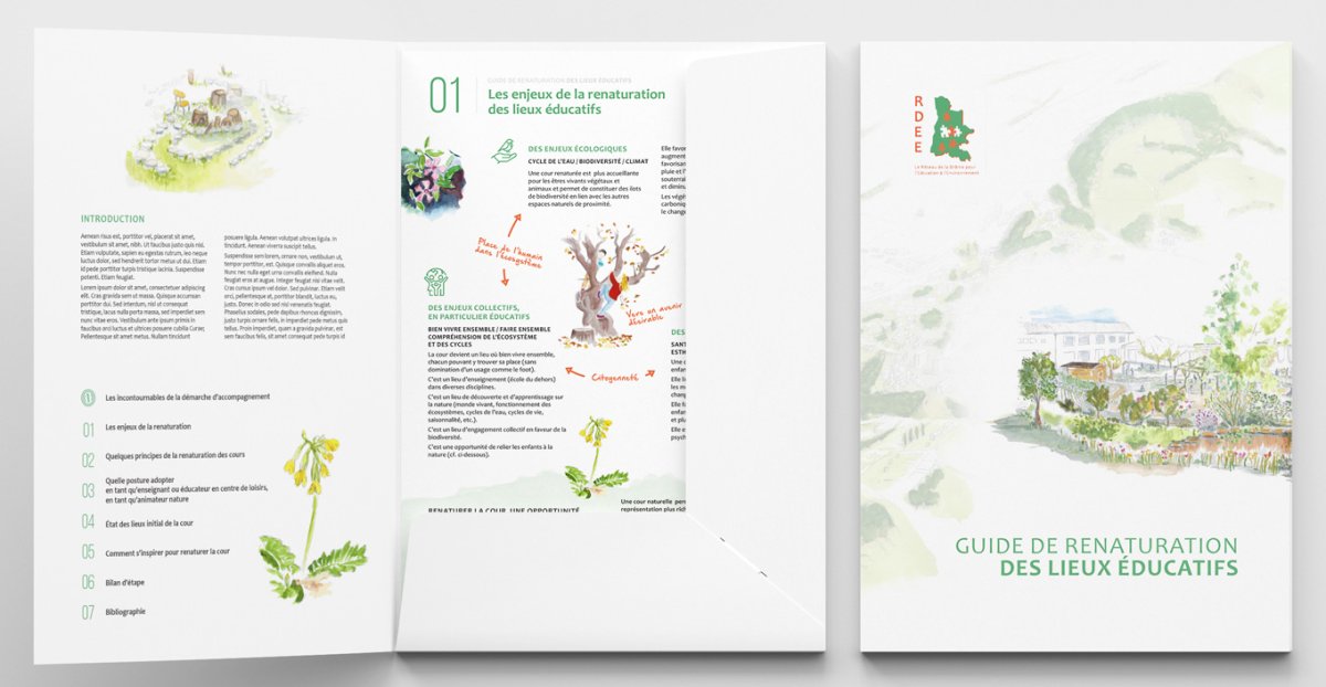 Couverture du guide de renaturation du RDEE et exemple de fiche action pédagogique